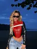 Top de Cuero Corto Estilo Motociclista de Color Contrastante para Mujer Otoño 2024 Nueva Moda Chica Popular Manga Larga Cuello Cremallera Exterior