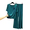 Traje de verano con diseño irregular, nueva camiseta con volantes y lazo, pantalones casuales de pierna ancha de nicho para mujer, cuello redondo, manga media