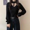 Dulce Fresco Sentido del Diseño Moda Manga Larga Mujer Estilo Han Chic Otoño Nuevo Cuello Colgante Ajustado Suéter Top Chica Popular Tendencia