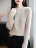 25 Años Otoño e Invierno Nuevo Lana Pura Cuello Redondo Medio Abierto Tejido de Punto Manga Larga Mujer Color Puro Botones Suelto Base Camisa Top