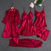 Encouraçado Feminino Pijamas Primavera e Verão Mulheres Sexy Five-piece Set Silk Nightgown fino com almofada peito Sling camisola feminina camisola