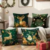 Funda de Cojín Navideña Verde Oscuro y Dorado de Lujo Ligero Funda de Almohada con Estampado de Reno y Guirnalda de Moda Funda de Almohada de Dibujos Animados para Sala de Estar y Dormitorio