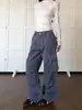 Pantalones cargo azules de trabajo franceses transfronterizos, pantalones rectos de carga multibolsillo retro americanos para hombre, jeans de pierna ancha lavados y desgastados de alta costura