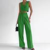 Conjunto de Dos Piezas Estilo Europeo y Americano para Commuter: Chaleco Verde Corto sin Mangas y Pantalones Largos, Otoño 2026, Diseño de Comercio Exterior, Atuendo de Algodón y Lino