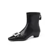 Botas Elegantes com Fivela Quadrada de Strass, que Aumentam a Altura, Emagrecem, Outono/Inverno 2026, Salto Médio Plataforma, Bico Quadrado Pequeno, Couro, Cano Elástico no Tornozelo para Mulheres