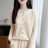 Cárdigan de punto de lana pura abotonado de colores para mujer, cuello redondo, manga larga, suave, adelgazante, versátil, top cálido