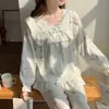 Pijama de Algodón Nube para Mujer, Estilo Princesa Primavera y Otoño Encaje Manga Larga Dulce Casual Delgado Conjunto de Ropa para el Hogar para Mujer