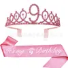 Corona de Cumpleaños Dulce Linda Tiara de Fiesta para Niños Correa de Hombro con Cinta Decoración Diadema de Diamante Rosa Corona de Primer Cumpleaños