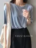 Camiseta Regular de Manga Curta com Ombro Normal para Mulheres, Fibra de Cupro Fresca e Confortável, Fina, Alta Elasticidade, Caimento Fluido, Cor Sólida, Camada Base