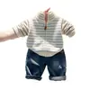 Cárdigan de punto con cremallera y cuello medio para niños unisex, abrigo suéter a rayas Otoño Invierno, top cálido elegante para bebé