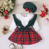 Traje para Niña de Navidad Otoño e Invierno Europeo y Americano con Cuello de Muñeca de Encaje Manga Larga Ropa Ha + Vestido de Tirantes a Cuadros + Gorro