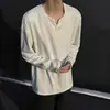 Sudadera nueva de peso pesado con cuello en V gris oscuro para hombre en otoño e invierno, camiseta de manga larga, camisa Henley americana, holgada y versátil