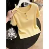 2026 Verão Seda de Gelo Botão Colorido Tricô Top Feminino Solto Plus Size Manga Curta Solto Emagrecedor Cor Sólida Camiseta Top Versátil
