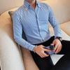 Entrega de una sola pieza para hombre otoño nuevo camisa de manga larga a rayas con cuello semiabierto corte slim ligera familiar volantes guapo camisa de cuello grande
