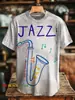 Nova estampa de padrão de jazz abstrato transfronteiriço em camiseta masculina de gola redonda, manga curta, impressão digital 3D, secagem rápida, disponível para atacado a partir de uma peça