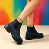 Botas Femininas Transfronteiriças Outono Inverno Botas Chelsea Cano Curto Foscas Femininas Bico Redondo Elástico Salto Bloco Nude Botas Europeias e Americanas Tamanho Grande Botas Femininas Cano Curto
