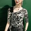 Outono 2022 Novo Estilo Gola Assimétrica Renda Base Camisa Feminina Manga Meia Mangas Cordão Tira Xadrez Estiloso Manga Média Camisa