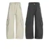 Calça Larga Estilo Workwear Cinza Escuro com Múltiplos Bolsos, Cintura Alta com Corte Único e Fashion, Roupas Masculinas Slimming e Tendência