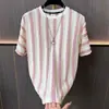Camiseta de Manga Corta con Cuello Redondo, Transpirable, Jacquard Rayado de Alta Gama, Verano 2026, Top Casual de Corte Holgado de Moda