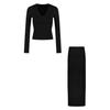 Camiseta Base Ajustada Gris Sexy de Cuello en V y Mangas Largas Camiseta de Mujer Otoño Traje Casual Pantalones de Cintura Alta Ligeramente Acampanados Conjunto de Dos Piezas