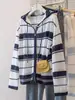 Chamarra de Punto con Capucha y Rayas de Color Contrastante, Cárdigan con Protección Solar para Mujer, Corte Holgado, Adelgazante, Camisa para Aire Acondicionado, Top para Principios de Otoño, Mujer A13356