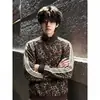 Chaqueta de fábrica disponible en stock con estampado de leopardo retro americano y tres rayas para hombre y mujer, chaqueta de primavera y otoño de estilo urbano con patchwork de rayas y cuello alto