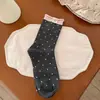 Meias Pejo color block, com babados, poá, de comprimento médio até a panturrilha com apliques de cachorro de desenho animado, meias soquete, meias femininas sem costura estilo coreano para outono/inverno