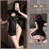 Cheongsam sexy transparente de renda com gola alta e fecho de botões, estilo vintage, fenda alta, lingerie erótica fácil de remover