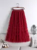 Falda de Pastel con Retazos de Malla Roja Navideña 2026 Nuevo Estilo Otoño e Invierno Falda de Longitud Media Falda Línea A Falda de Gasa Abullonada