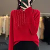 Indústria Pesada Strass Hot-fix Tamanho Plus Camada Base Top Suéter Feminino 2026 Outono/Inverno Nova Chegada Ajuste Solto Gola Meia-Alta Tricô Top Feminino