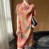 Vestido retro estilo chinês com gola alta abotoado para mulheres, novo vestido cheongsam estampado de manga curta primavera-verão, elegante vestido de comprimento médio