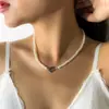 Joias Transfronteiriças Europeias e Americanas, Colar Simples Estilo Francês com Corrente para Clavícula de Pérolas Artificiais, Colar com Pingente de Coração Doce e Cool de Nicho