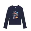 Camiseta negra de cuello redondo, hombros normales, manga larga para mujer, nuevo estilo primavera y otoño, estampado de graffiti de dibujos animados, corte ajustado, top dulce y picante para chica
