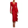 Enviado 2026 Sitio independiente transfronterizo europeo y americano wish Vestido simple de color liso con cuello en V y manga larga con volantes