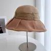 Sombrero de Pescador Plegado de Papel Japonés Estilo Hada para Mujer, Sombrero de Sol de Paja para Verano, Sombrero de Cubo Artístico con Visera de Cinta de Tencel Plegado