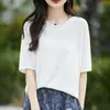 Blusa de Tricô Feminina Gola Redonda Manga Curta Textura Geométrica Respirável Emagrecedora Elegante Simples Versátil em Seda Tencel