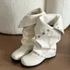 Bota Negra Retro Remachada 2026 con Pierna Ancha, Tacón Grueso, Diseño Fruncido, Botas Vaqueras Occidentales, Botas de Caballero, Botas Largas para Mujer