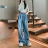 Calça Jeans Wide Leg Estilo Americano para Mulheres, Popular Primavera e Verão 2025 Nova Moda Elegante de Cintura Alta com Pregas e Caimento Longo