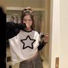 Otoño 2023 nuevo top de manga raglán con costuras en blanco y negro, holgado, versátil, adelgazante, casual, con estampado de estrella de cinco puntas, ropa de mujer
