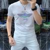 Verano 2024 nueva marca de moda personalidad guapo celebridad de internet letras coloridas brillantes pedrería algodón mercerizado camiseta corta de media manga para hombre