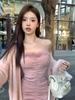 Falda Bodycon de Retazos Estilo Puro y Sexy Transfronteriza al por Mayor Vestido Blanco Delgado sin Tirantes con Cuello de Piel para Mujer