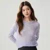 Suéter de cachemira con cuello redondo, encaje de lentejuelas calado para mujer, suéter de punto de ganchillo holgado, capa base de estilo suave