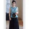 Verão Novo Estilo Chinês Traje Tang Elegante Estilo Chinês Camisa Jacquard Azul Bonita Botão de Ajuste na Cintura Sem Mangas