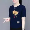 Estoque Excedente de Comércio Exterior Transfronteiriço, Marca Grande, Estilo Antigo, Estilo Chinês, Camiseta de Manga Curta para Mulheres, Caimento Solto, Novo Estilo Chinês, Roupa Externa, Camiseta Básica