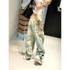 Jeans Retro Americanos Desgastados Estampados Estilo Callejero para Mujer, Pantalones Largos de Encaje con Cadena Estampado Digital 3D de Verano