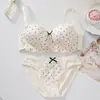 Conjunto de lingerie pequeno busto meia-taça bolinhas doce push-up sem aro costas nuas, conjunto de sutiã com acabamento em renda laço