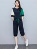 Traje deportivo informal de talla grande para mujer, verano 2023, estilo coreano, de moda, de manga corta, pantalones de media longitud, con costuras, traje de dos piezas para mujer.