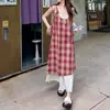 Vestido Sling de Cuadros con Cordones Estilo Vacacional para Mujer Primavera Nuevo Falso Dos Piezas Costuras en Color Contraste Elegante Falda Midi