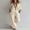 Conjunto de Verano Nuevo Casual Holgado de Lino con Mangas Tres Cuartos + Pantalones de Pierna Ancha para Mujer - Sitio Independiente de Amazon Transfronterizo Europeo y Americano