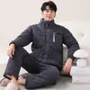 Inverno Masculino Veludo Coral Forrado Lã Cardigan Espessado Roupa de Casa Terno Acolchoado Três Camadas Pijama Tamanho Grande